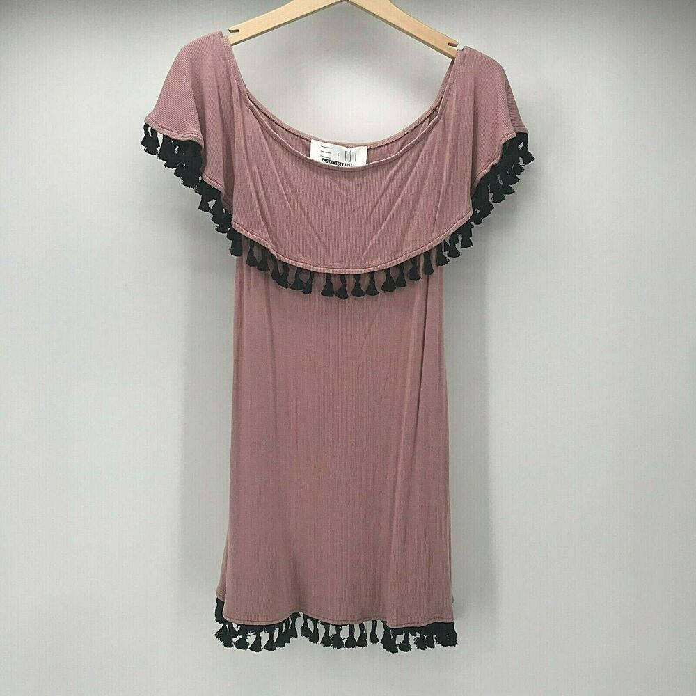 Eastnwest Label Dress Womens 2 Ribbed Pink Knit Black Pom Fringe Off Shoulder